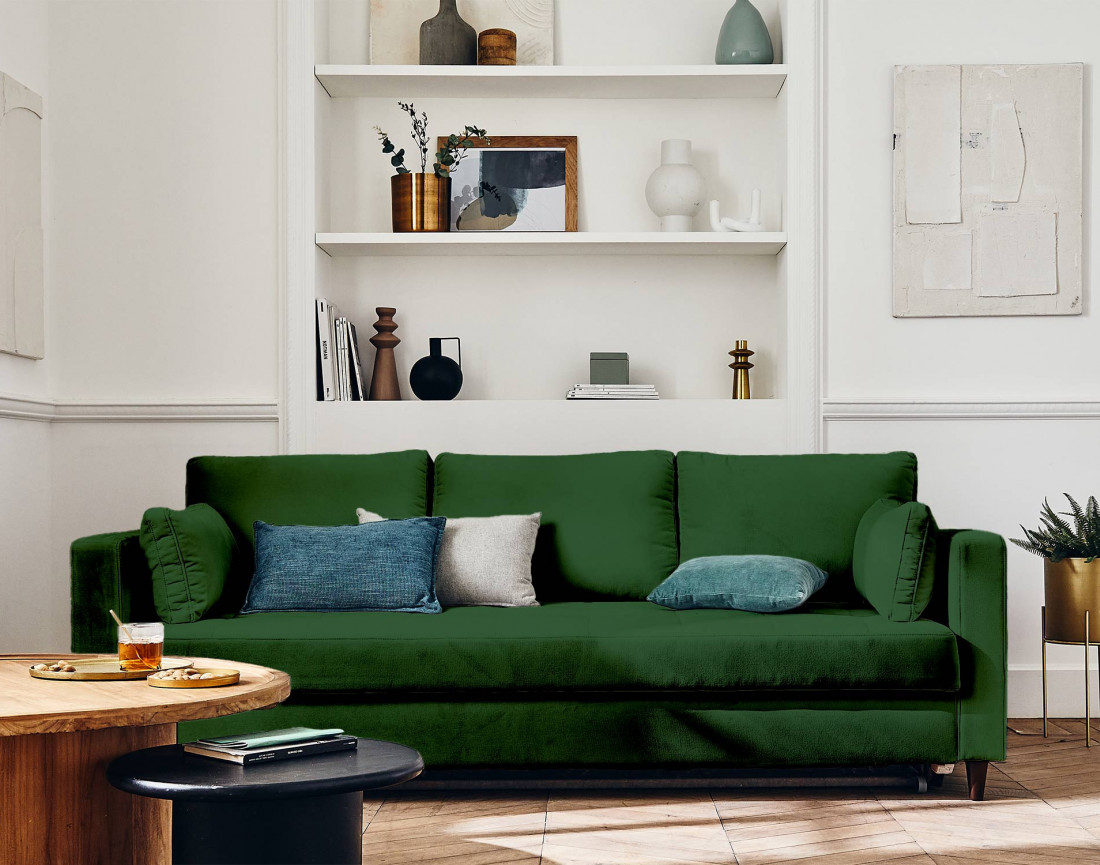 Canapé droit 3 places convertible avec poche en velours Anna