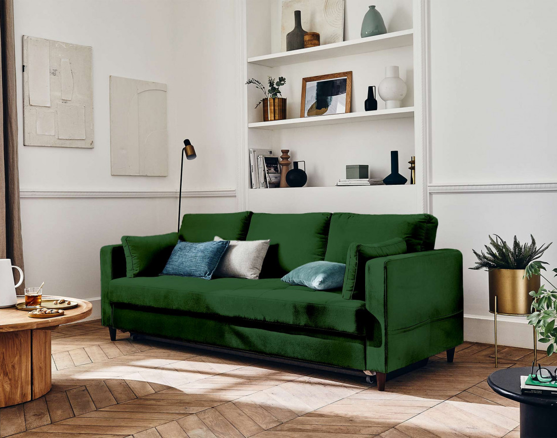 Canapé droit 3 places convertible avec poche en velours Anna