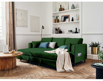 Canapé droit 3 places convertible avec poche en velours Anna