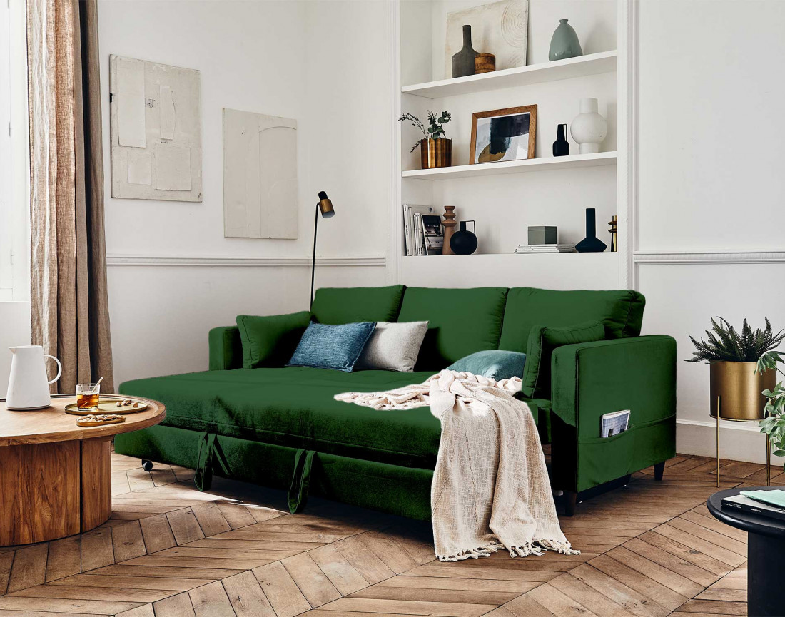 Canapé droit 3 places convertible avec poche en velours Anna