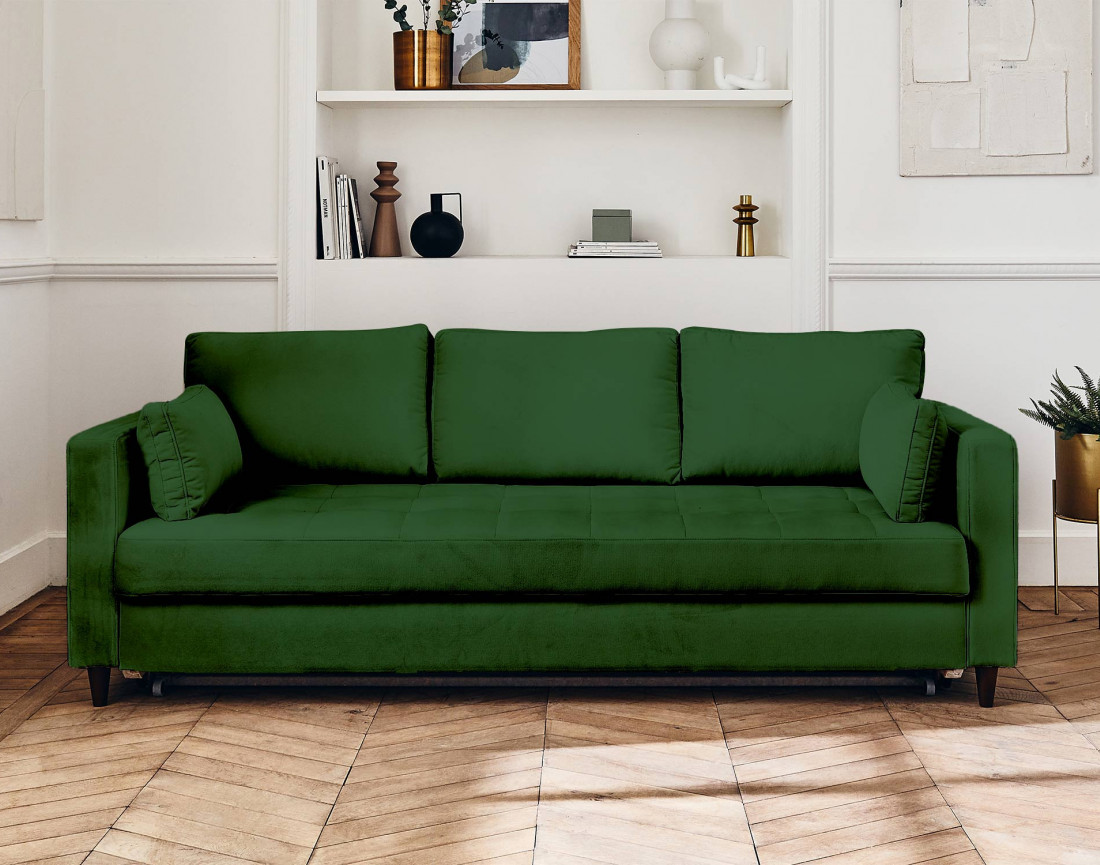 Canapé droit 3 places convertible avec poche en velours Anna