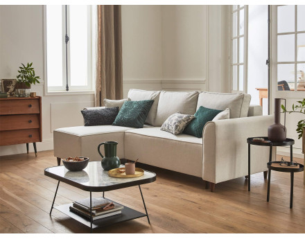 Canapé d'angle réversible 4 places convertible avec coffre en tissu Saphir