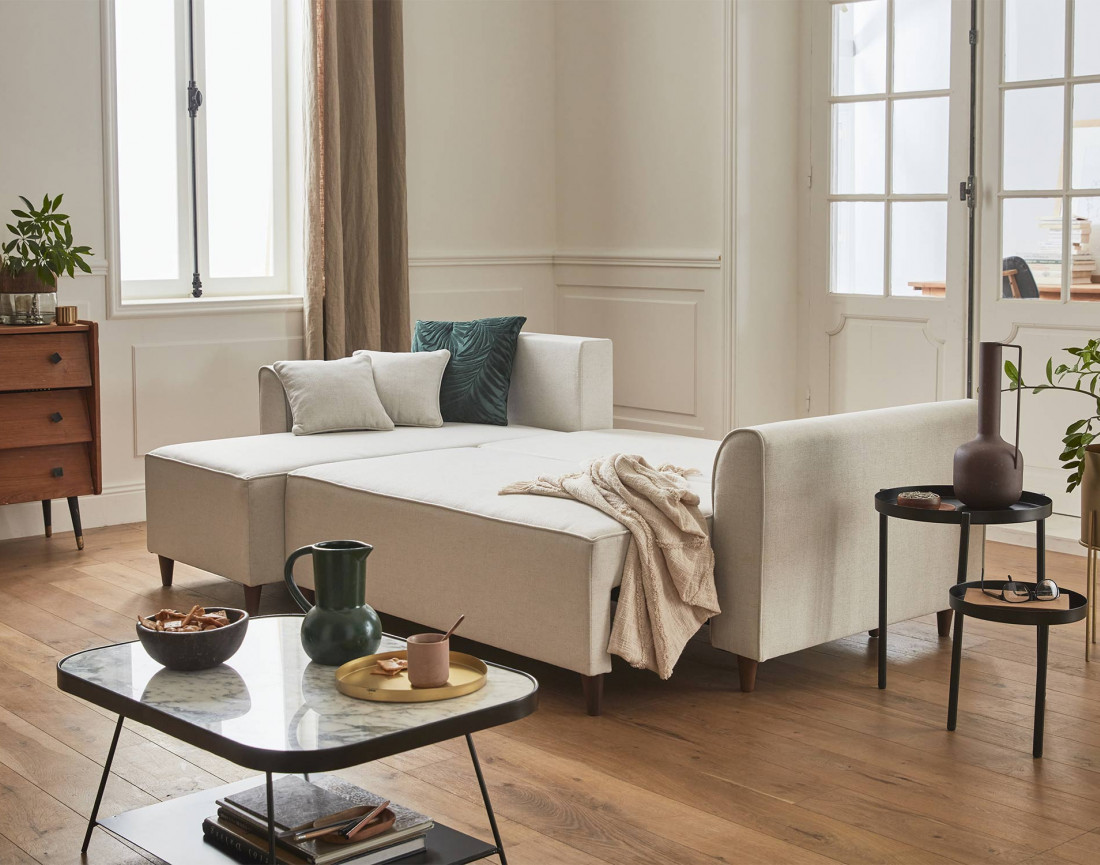 Canapé d'angle réversible 4 places convertible avec coffre en tissu Saphir