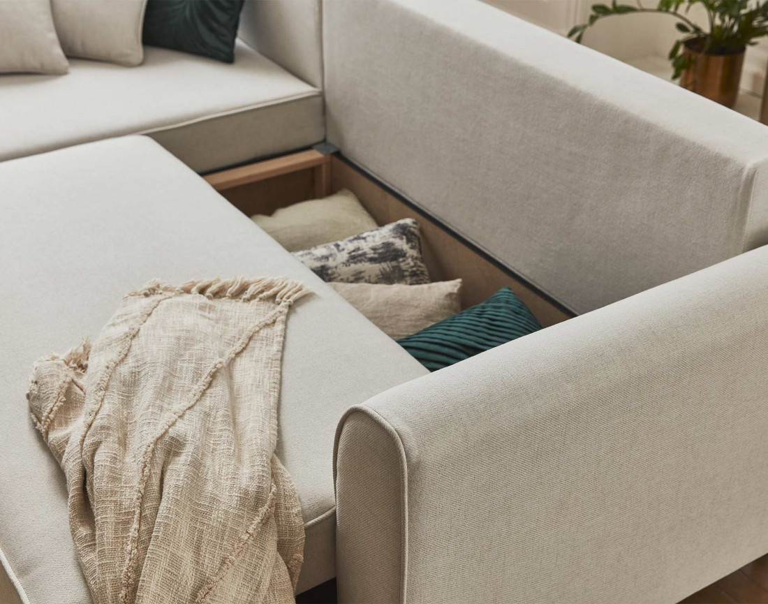 Canapé d'angle réversible 4 places convertible avec coffre en tissu Saphir