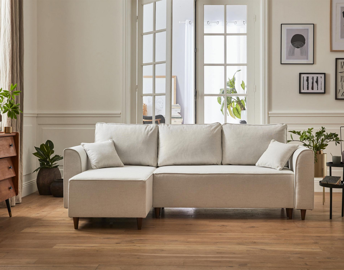Canapé d'angle réversible 4 places convertible avec coffre en tissu Saphir