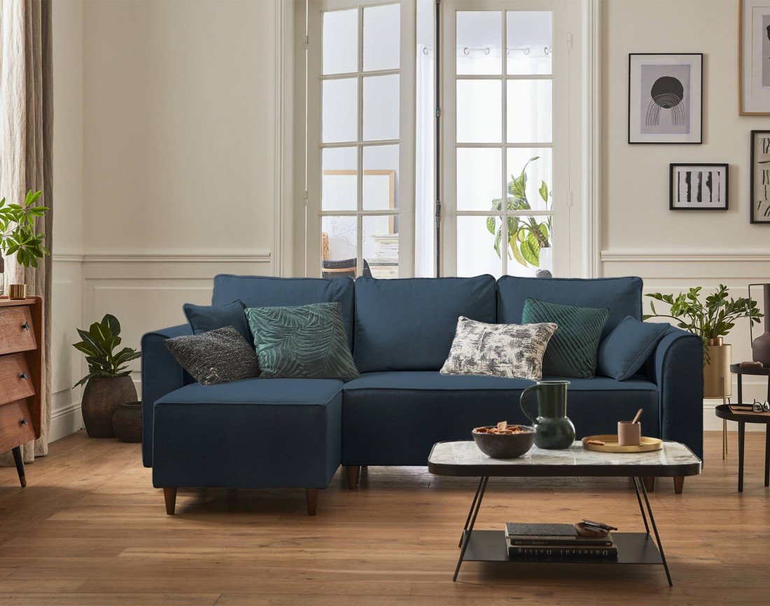 Canapé d'angle réversible 4 places convertible avec coffre en tissu Saphir