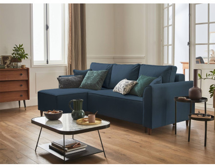 Canapé d'angle réversible 4 places convertible avec coffre en tissu Saphir