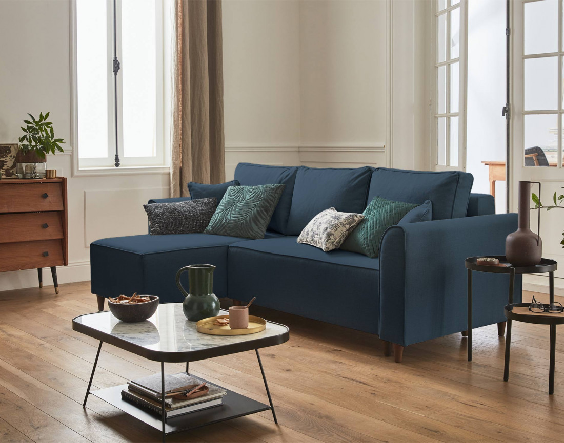 Canapé d'angle réversible 4 places convertible avec coffre en tissu Saphir