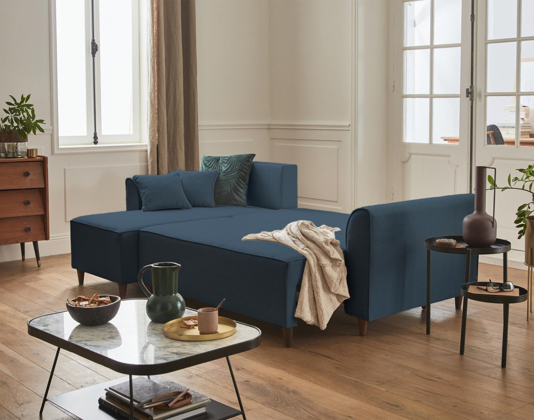 Canapé d'angle réversible 4 places convertible avec coffre en tissu Saphir