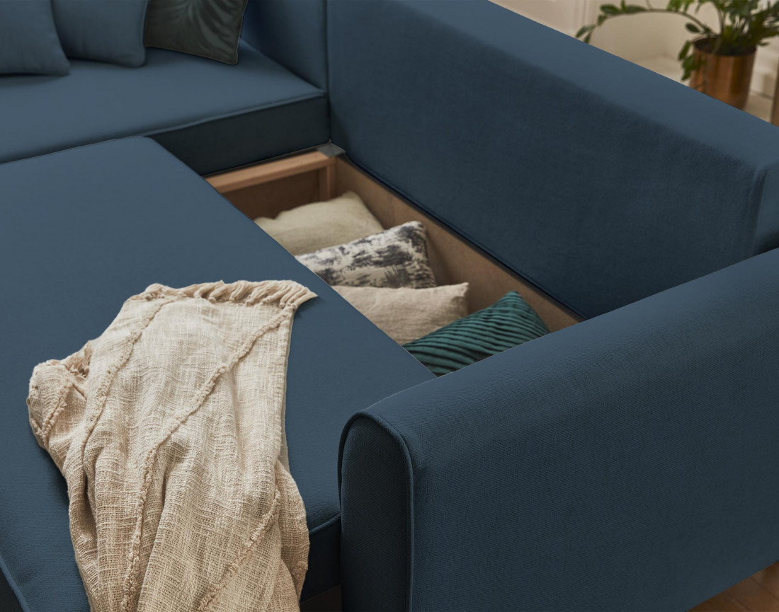 Canapé d'angle réversible 4 places convertible avec coffre en tissu Saphir