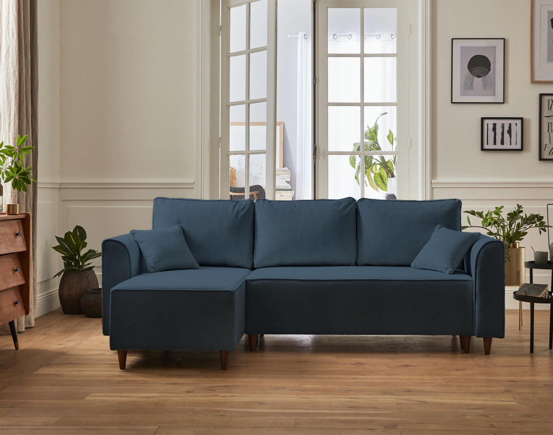 Canapé d'angle réversible 4 places convertible avec coffre en tissu Saphir