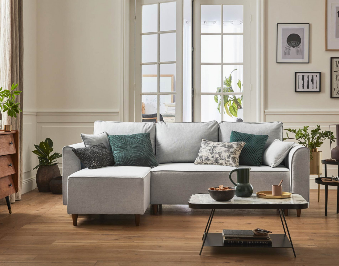 Canapé d'angle réversible 4 places convertible avec coffre en tissu Saphir