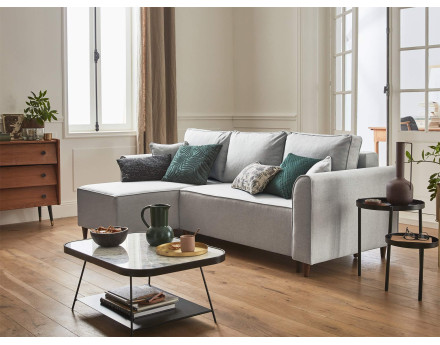 Canapé d'angle réversible 4 places convertible avec coffre en tissu Saphir