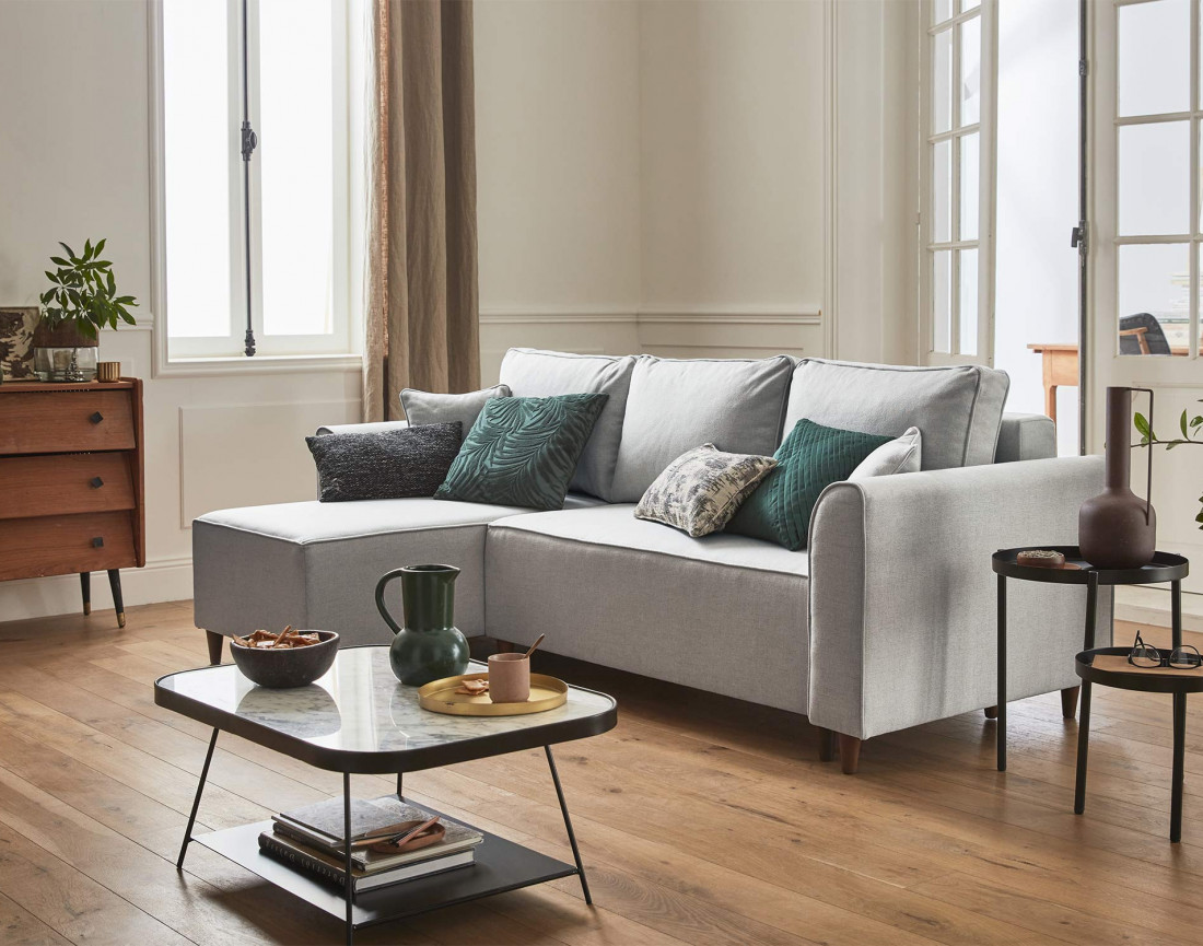 Canapé d'angle réversible 4 places convertible avec coffre en tissu Saphir