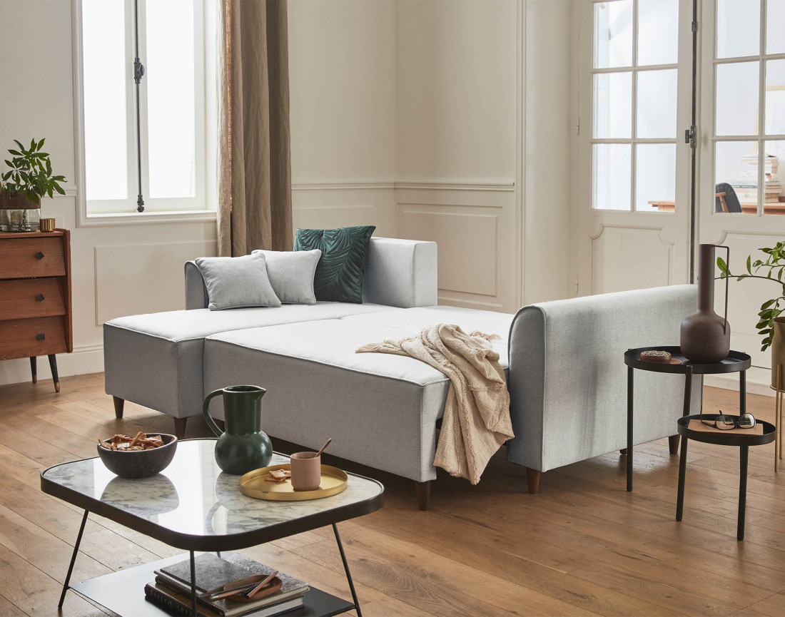 Canapé d'angle réversible 4 places convertible avec coffre en tissu Saphir