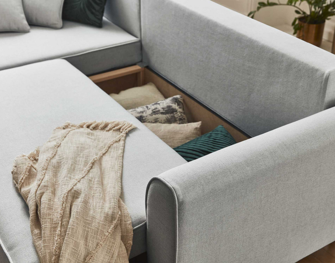 Canapé d'angle réversible 4 places convertible avec coffre en tissu Saphir