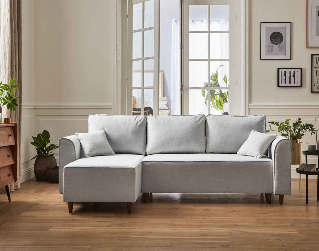 Canapé d'angle réversible 4 places convertible avec coffre en tissu Saphir