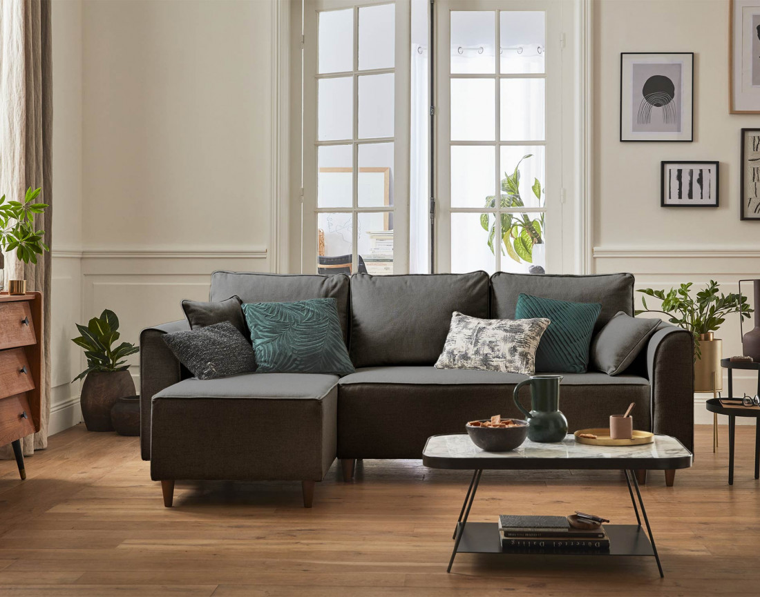 Canapé d'angle réversible 4 places convertible avec coffre en tissu Saphir