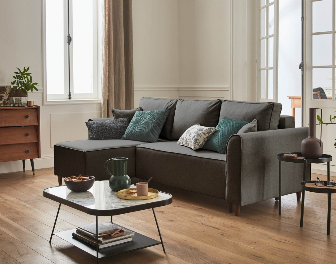 Canapé d'angle réversible 4 places convertible avec coffre en tissu Saphir