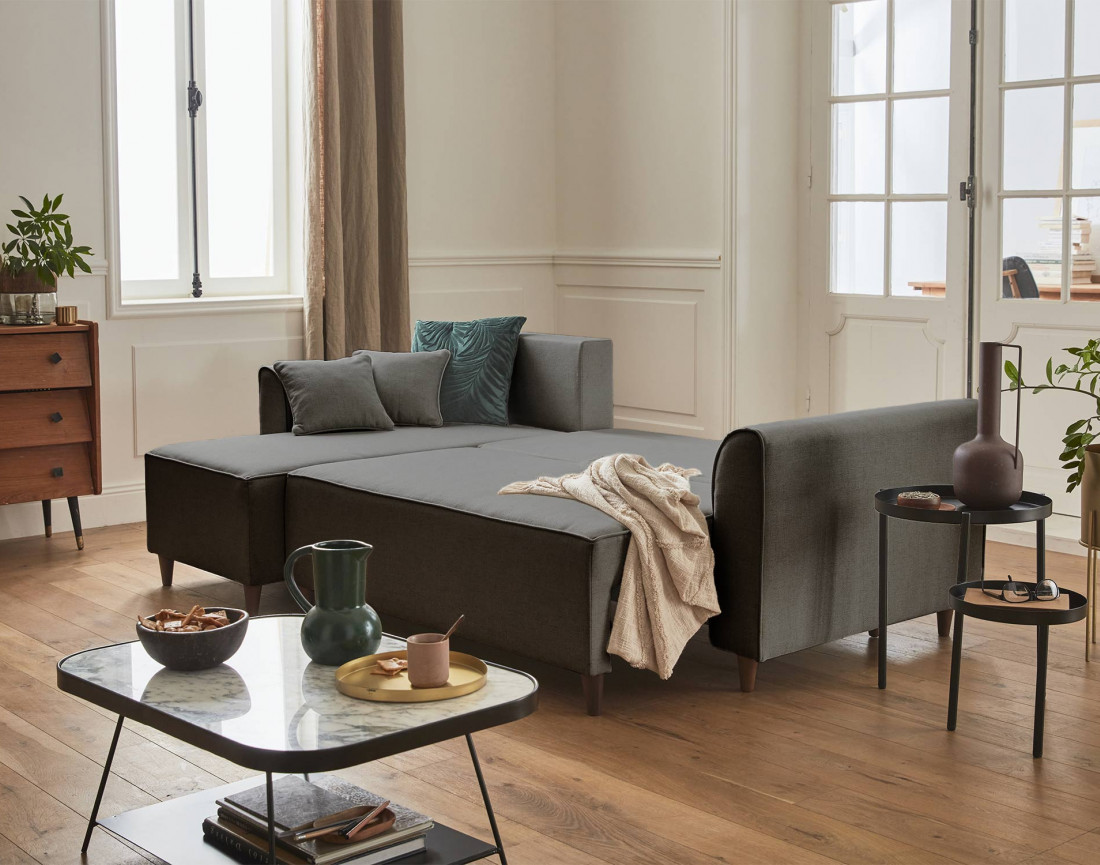 Canapé d'angle réversible 4 places convertible avec coffre en tissu Saphir