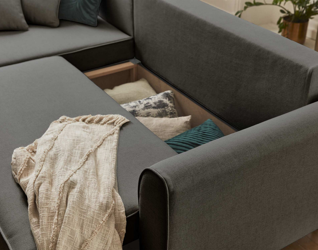 Canapé d'angle réversible 4 places convertible avec coffre en tissu Saphir