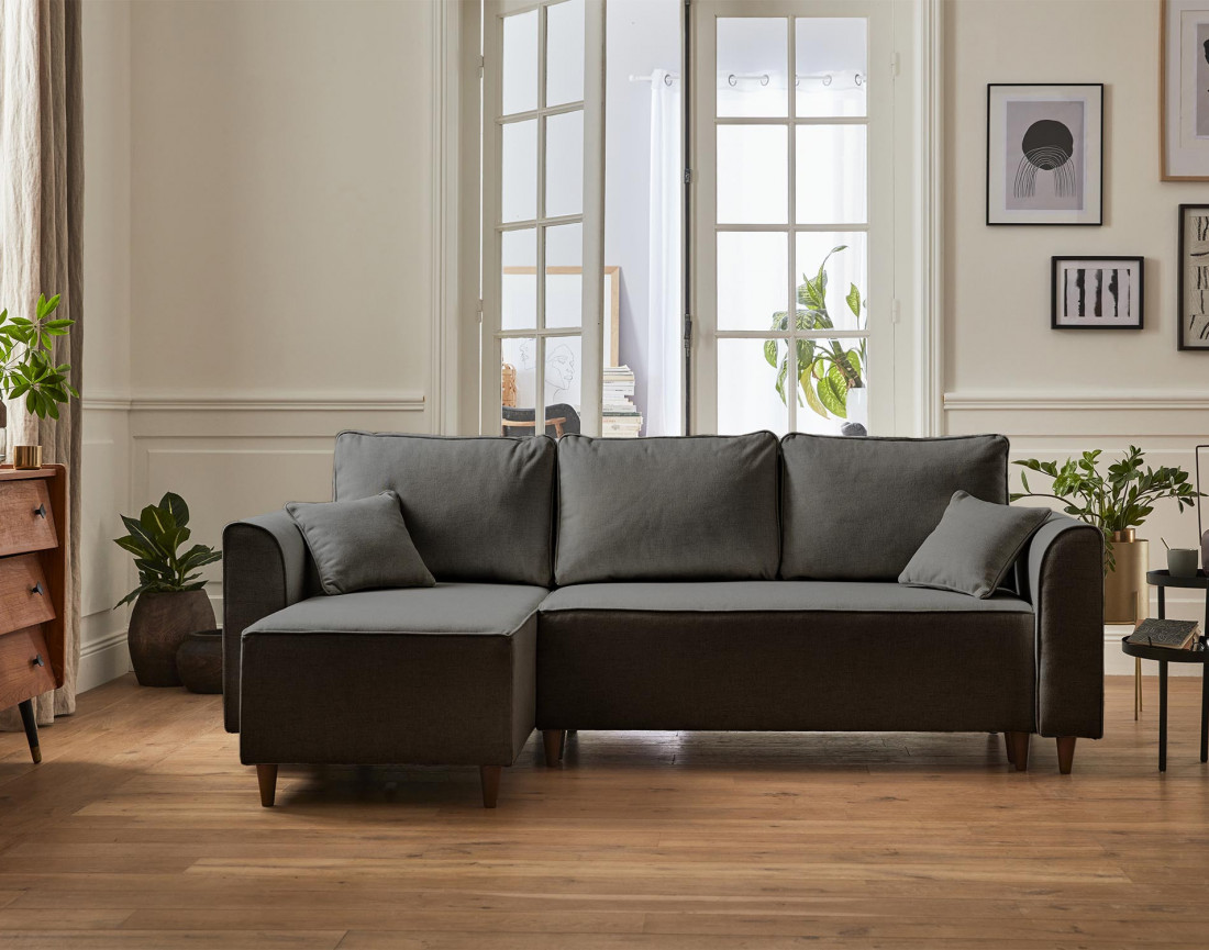 Canapé d'angle réversible 4 places convertible avec coffre en tissu Saphir