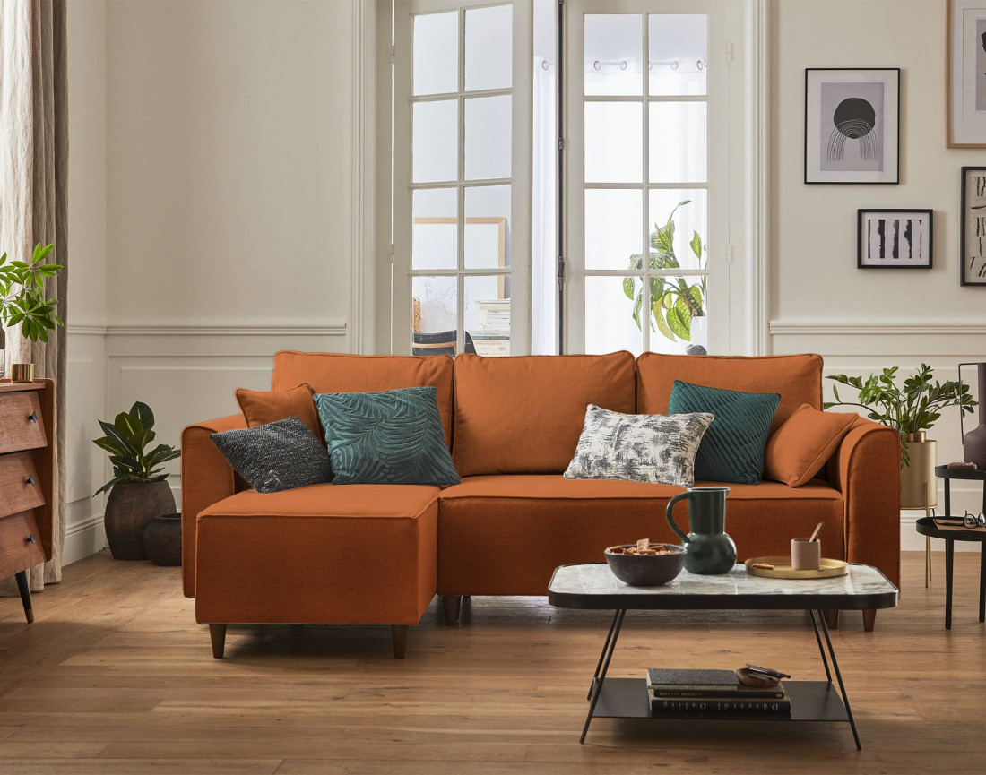 Canapé d'angle réversible 4 places convertible avec coffre en tissu Saphir