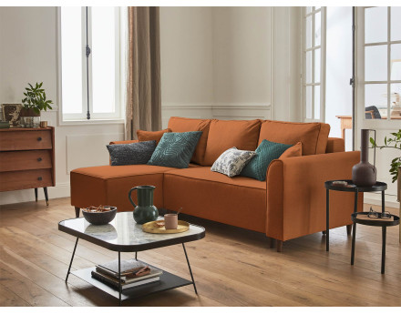 Canapé d'angle réversible 4 places convertible avec coffre en tissu Saphir