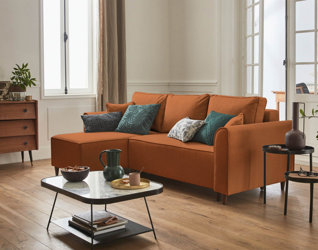 Canapé d'angle réversible 4 places convertible avec coffre en tissu Saphir