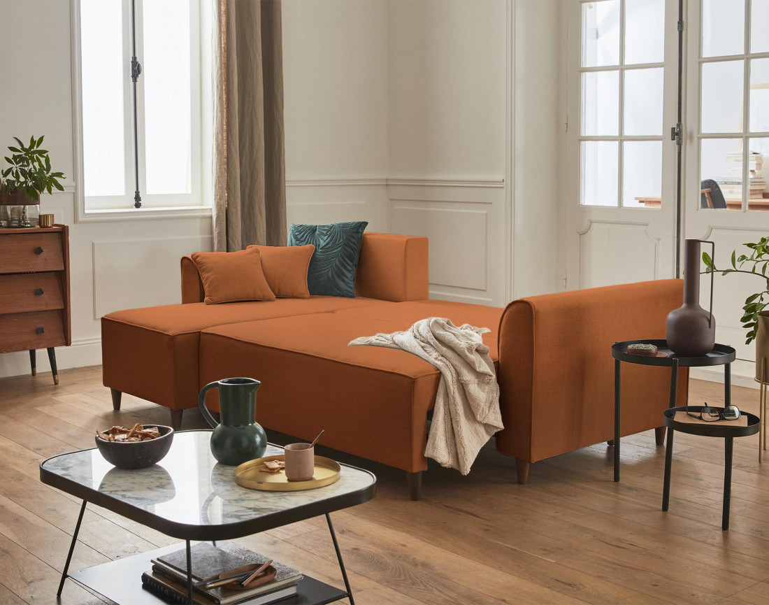 Canapé d'angle réversible 4 places convertible avec coffre en tissu Saphir