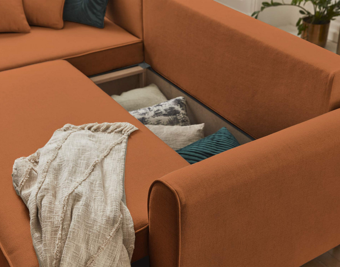 Canapé d'angle réversible 4 places convertible avec coffre en tissu Saphir