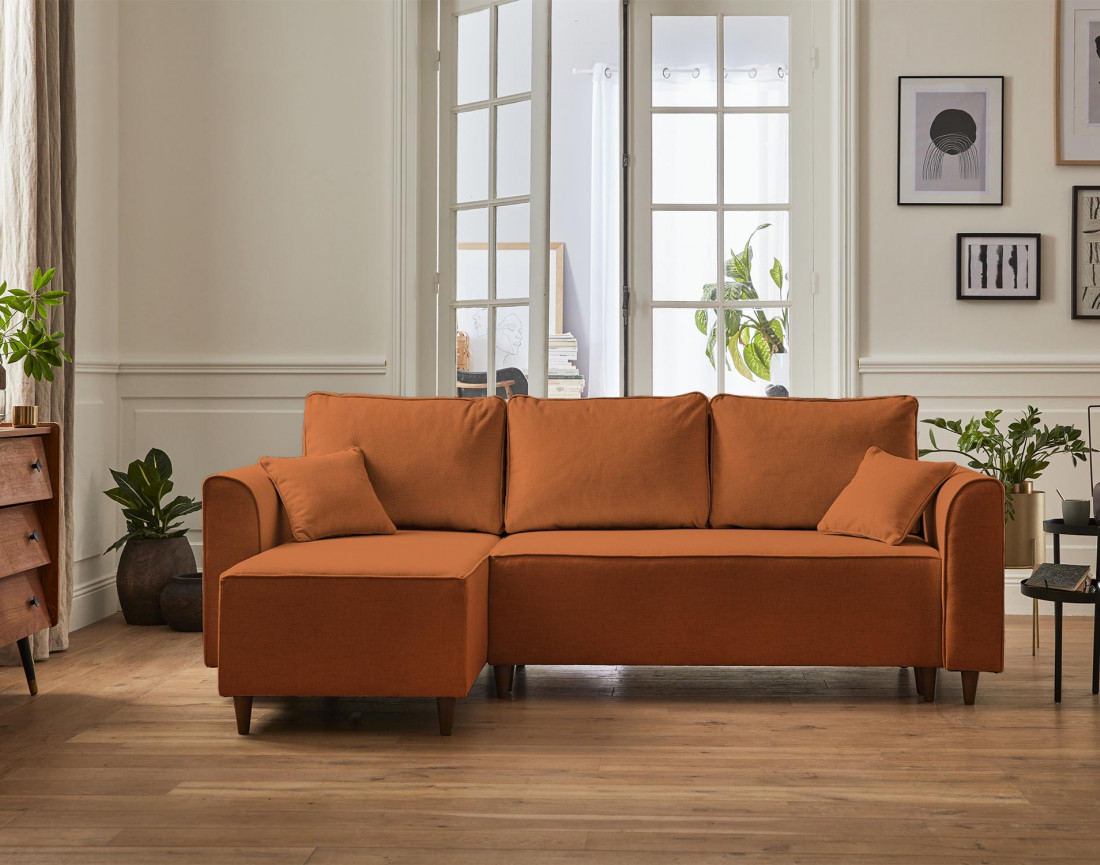 Canapé d'angle réversible 4 places convertible avec coffre en tissu Saphir