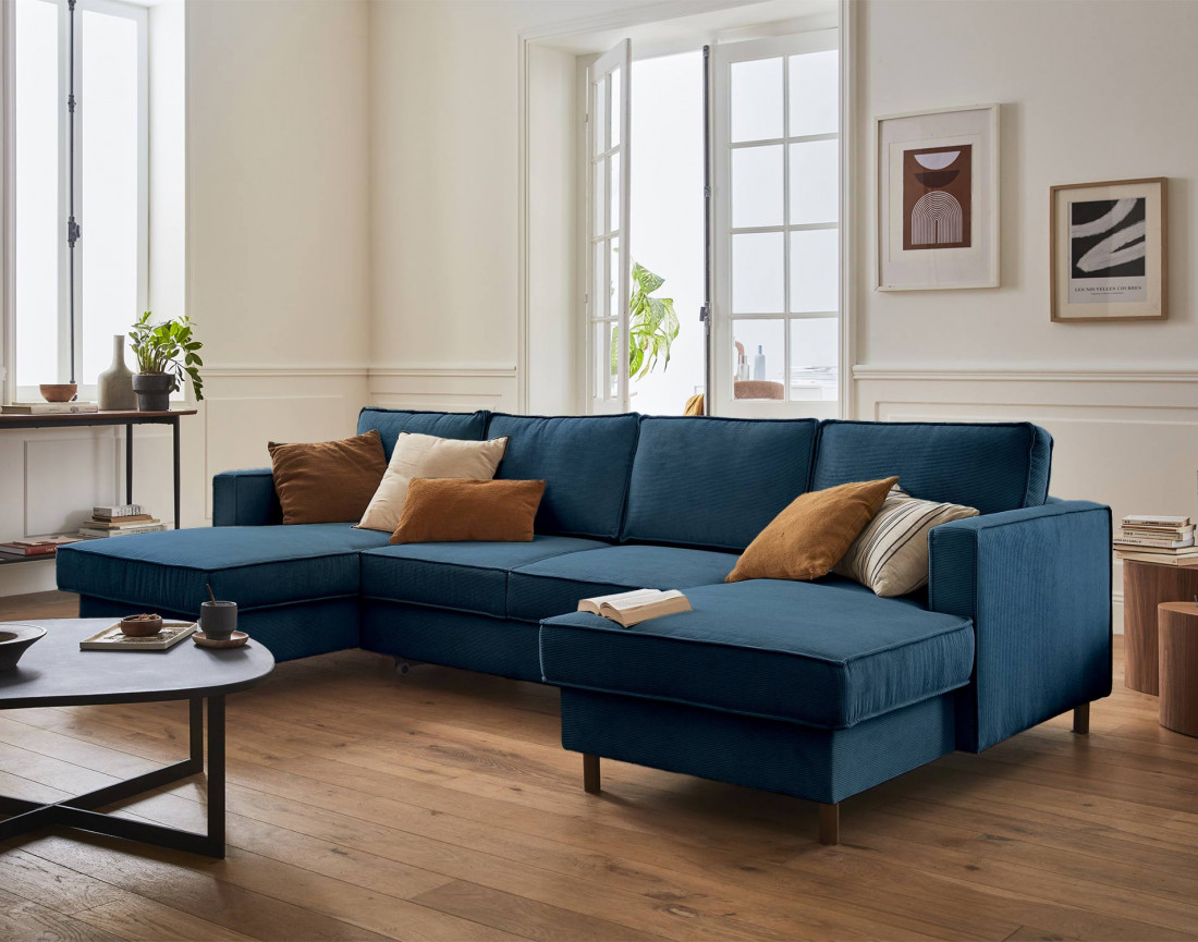 Canapé panoramique en U 7 places convertible avec coffre en velours côtelé Jake