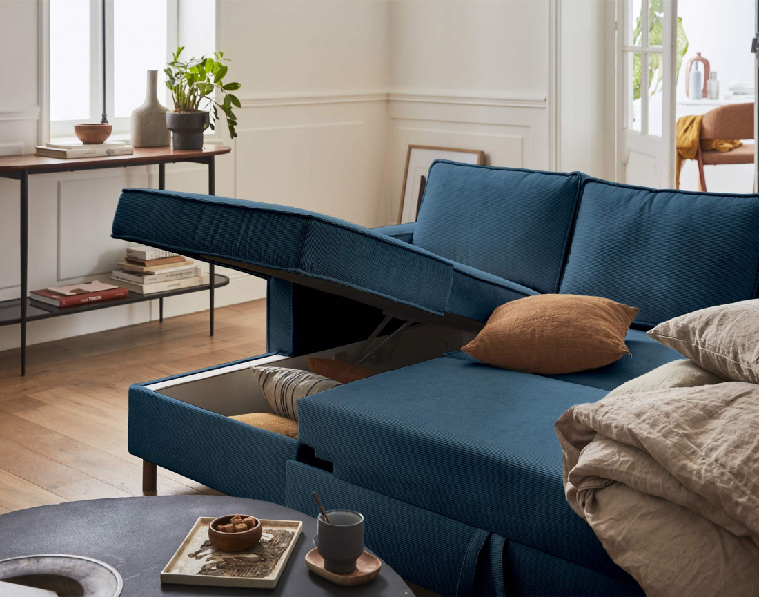 Canapé panoramique en U 7 places convertible avec coffre en velours côtelé Jake