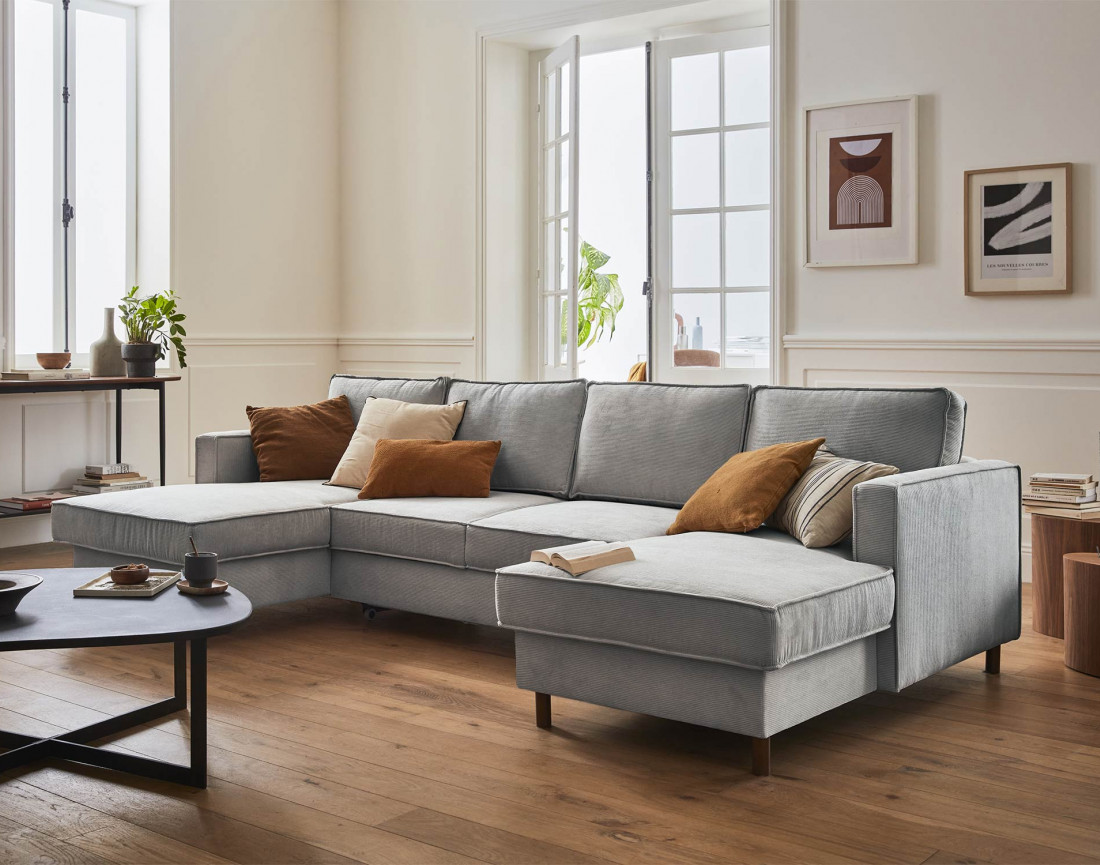 Canapé panoramique en U 7 places convertible avec coffre en velours côtelé Jake