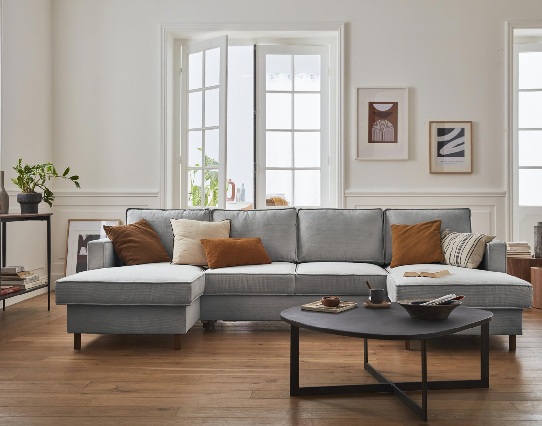 Canapé panoramique en U 7 places convertible avec coffre en velours côtelé Jake