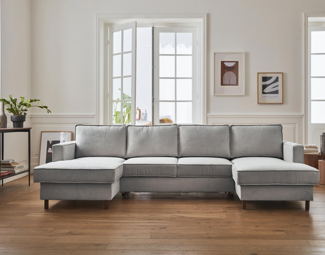 Canapé panoramique en U 7 places convertible avec coffre en velours côtelé Jake