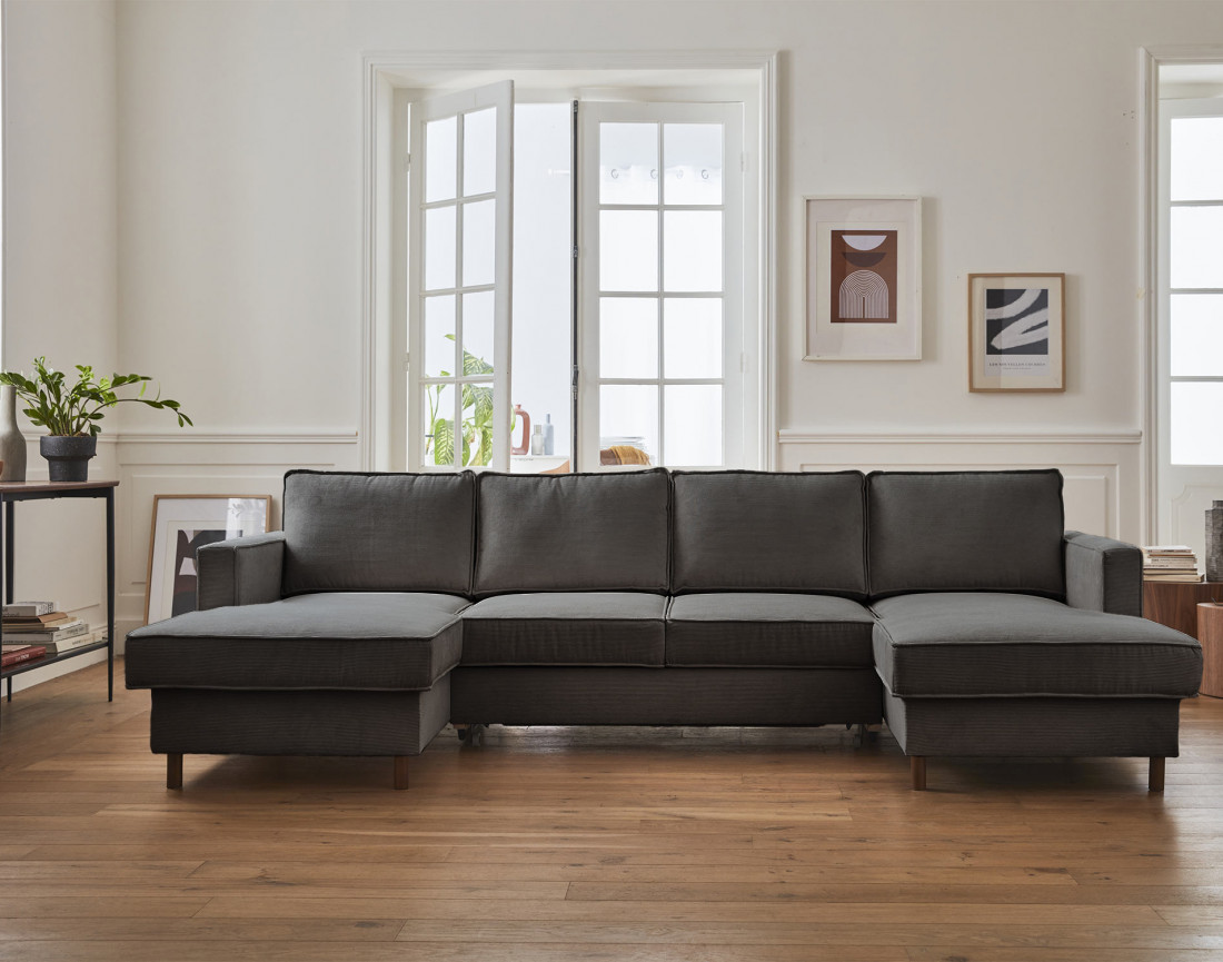 Canapé panoramique en U 7 places convertible avec coffre en velours côtelé Jake