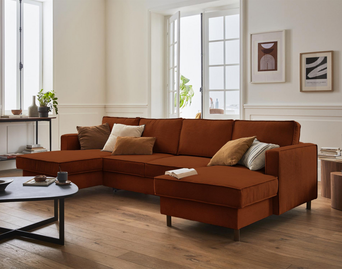 Canapé panoramique en U 7 places convertible avec coffre en velours côtelé Jake