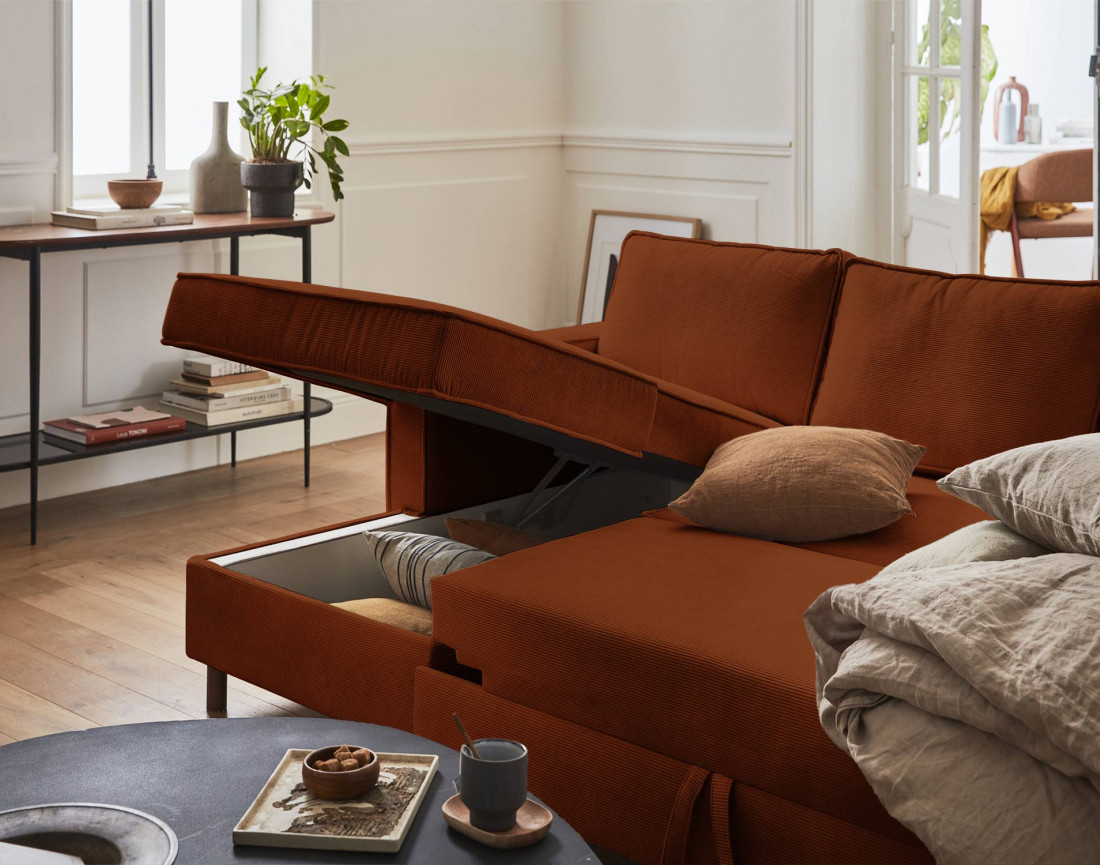 Canapé panoramique en U 7 places convertible avec coffre en velours côtelé Jake