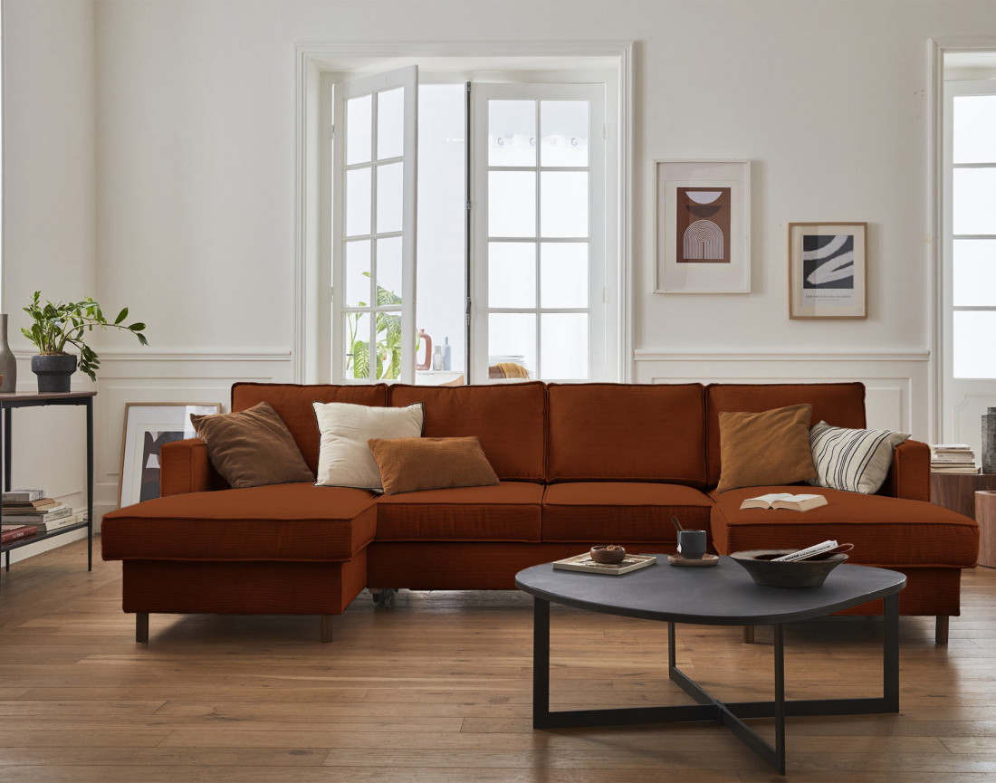 Canapé panoramique en U 7 places convertible avec coffre en velours côtelé Jake