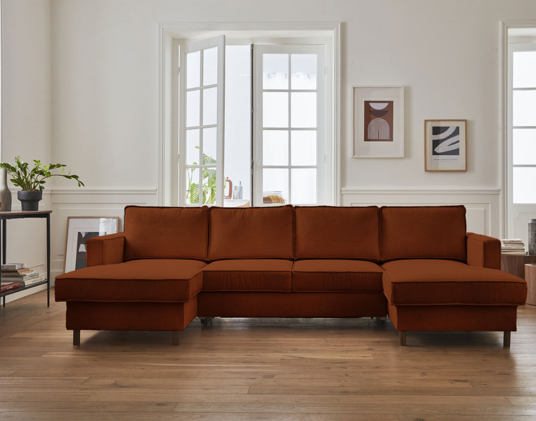 Canapé panoramique en U 7 places convertible avec coffre en velours côtelé Jake