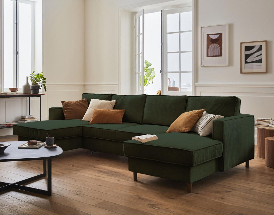 Canapé panoramique en U 7 places convertible avec coffre en velours côtelé Jake