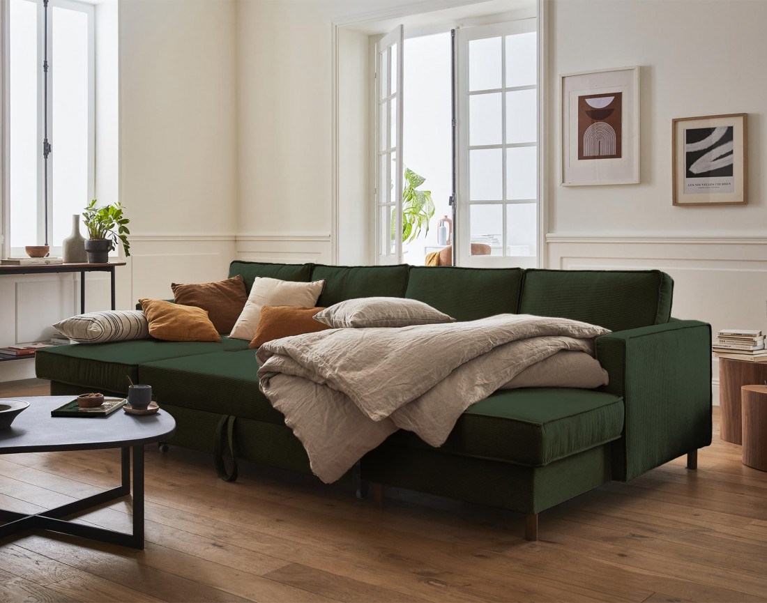 Canapé panoramique en U 7 places convertible avec coffre en velours côtelé Jake