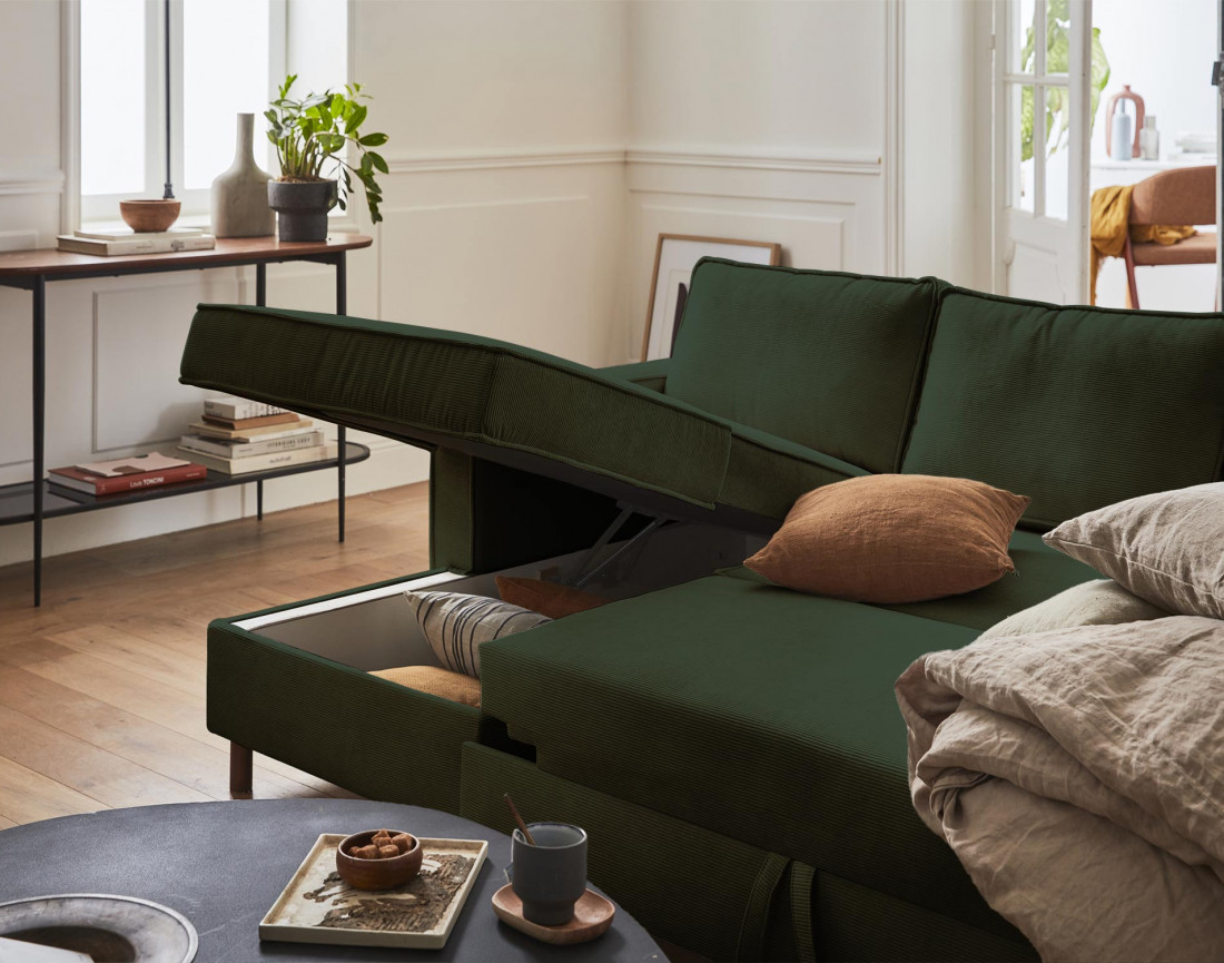 Canapé panoramique en U 7 places convertible avec coffre en velours côtelé Jake