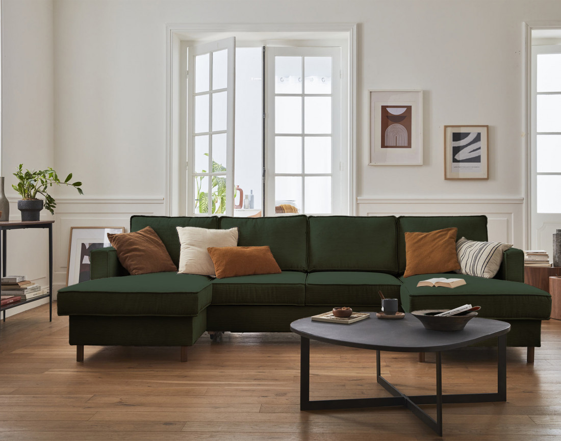 Canapé panoramique en U 7 places convertible avec coffre en velours côtelé Jake