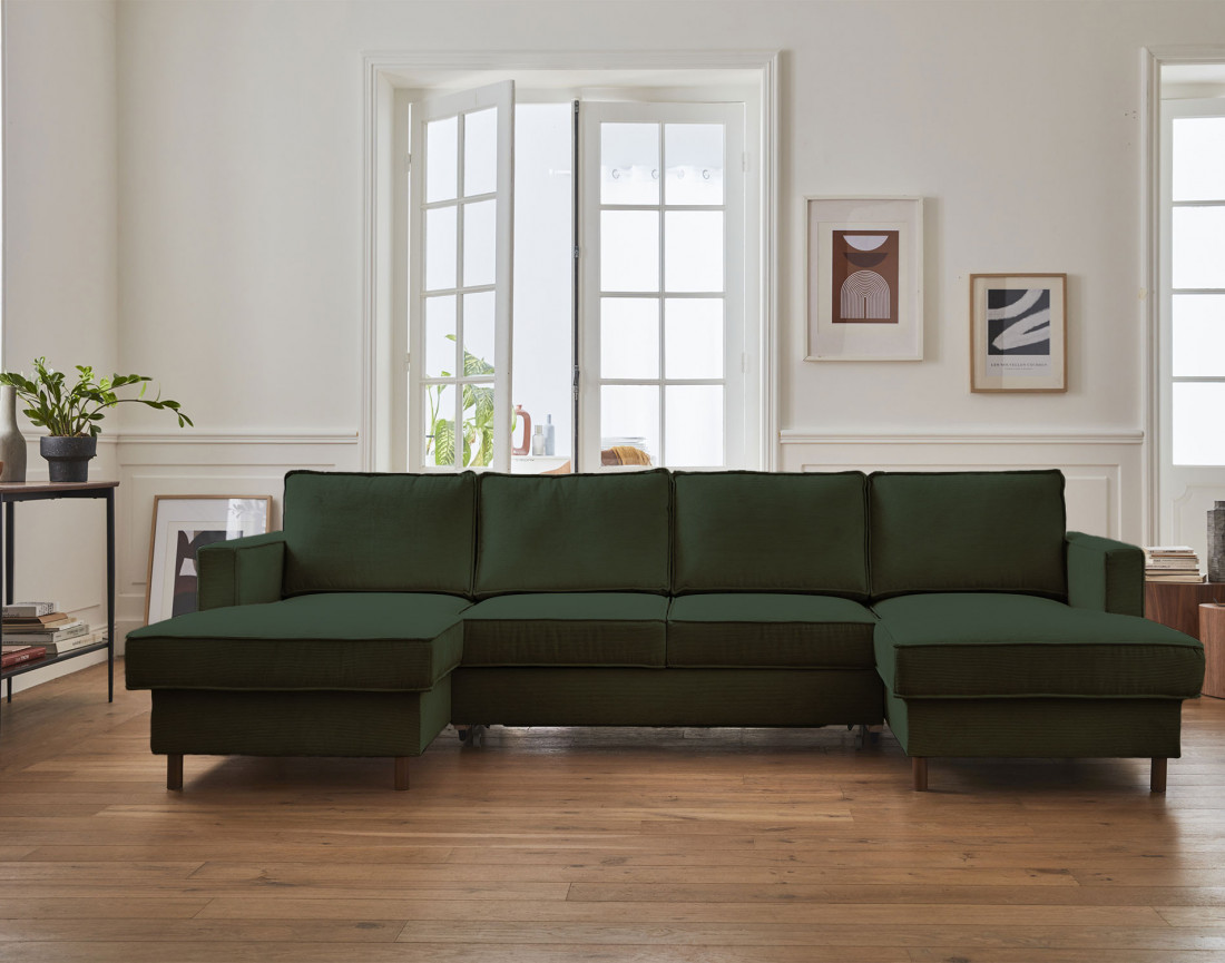 Canapé panoramique en U 7 places convertible avec coffre en velours côtelé Jake