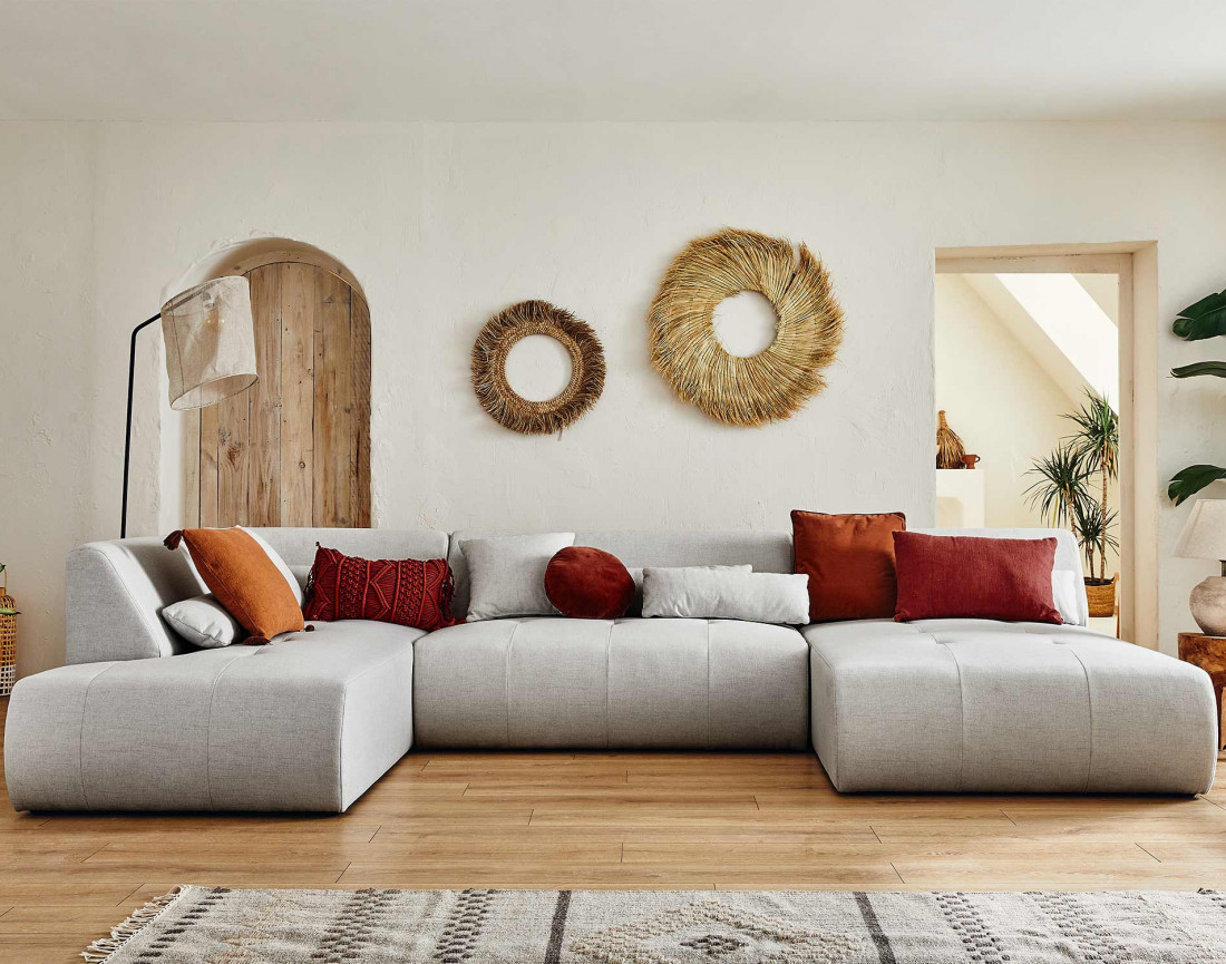 Canapé panoramique d'angle gauche 7 places en tissu Onyx