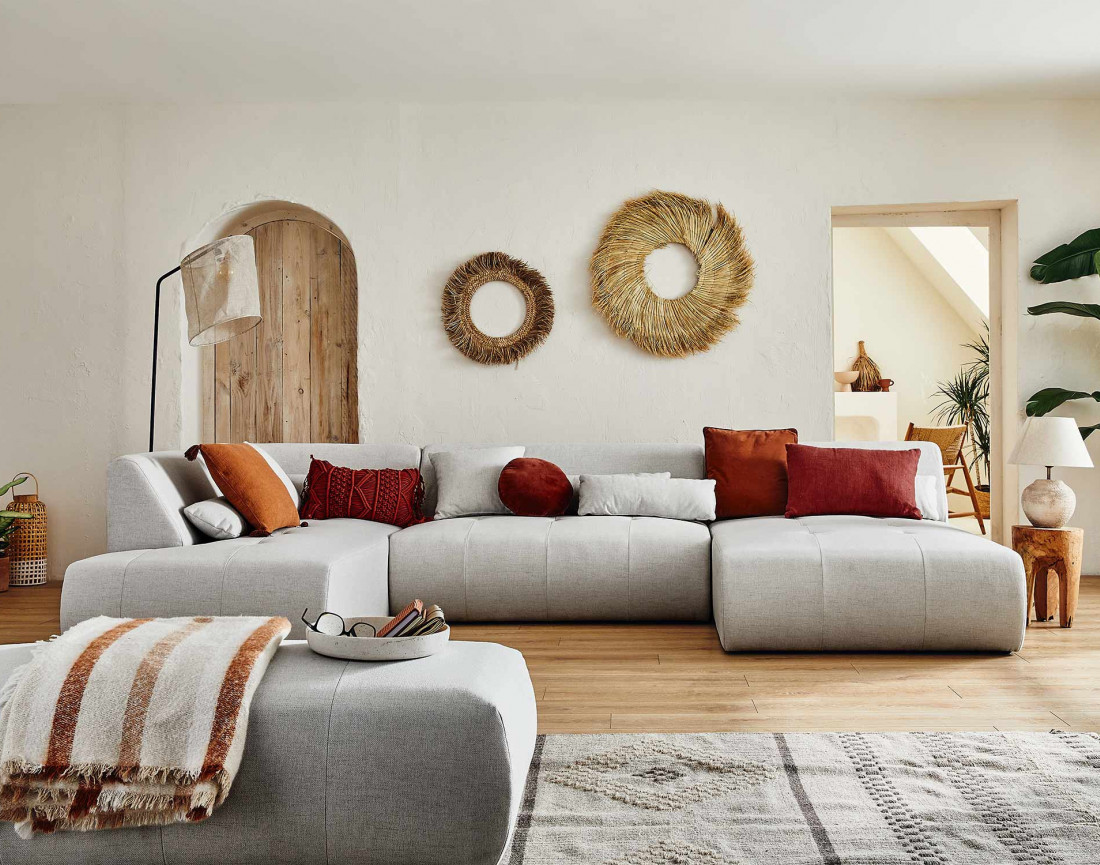 Canapé panoramique d'angle gauche 7 places en tissu Onyx