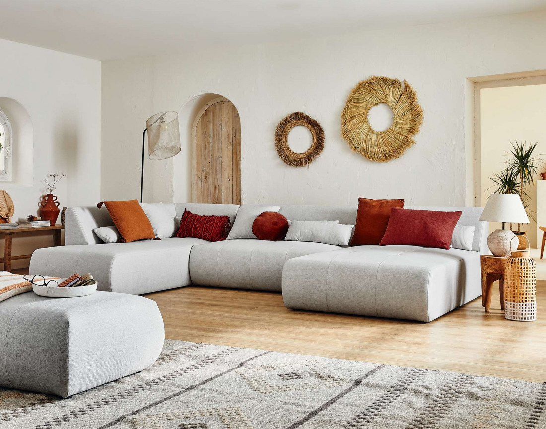 Canapé panoramique d'angle gauche 7 places en tissu Onyx